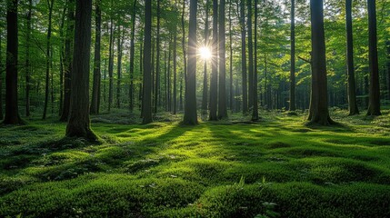 Obraz premium Sun shining through trees in green forest at sunset