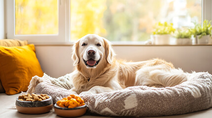 A Cozy RetreatA Fluffy Dog Relaxing on a Plush Bed with Gourmet Treats in a Warm Living Space