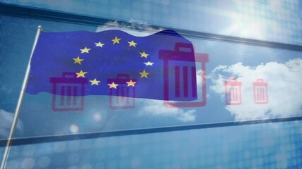 European Union flag with trash bin icons animation over blue sky and clouds - Powered by Adobe