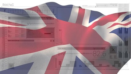 British flag waving over data processing and analytics animation - Powered by Adobe