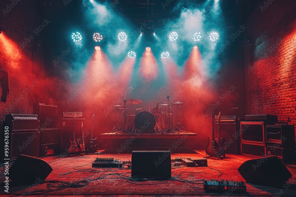 Poster Empty stage with instruments and stage lights waiting for the show to start