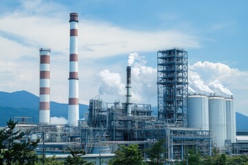 Fototapeta premium Industrial plant emitting smoke from chimney at sunset