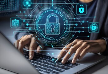 Fototapeta premium Hands Typing on Laptop with Futuristic Cybersecurity Holograms