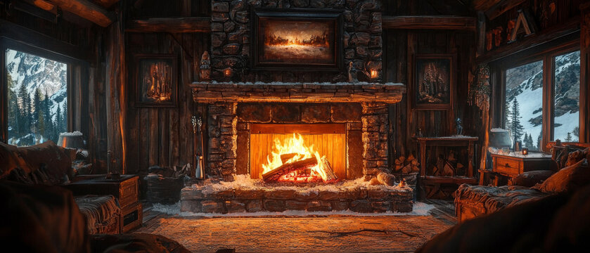 A warm fireplace in rustic cabin creates cozy atmosphere, surrounded by wooden walls and snowy landscapes outside.