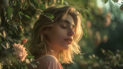Fototapeta premium A serene portrait of a young woman surrounded by vibrant flowers, capturing the essence of nature and tranquility in soft light.