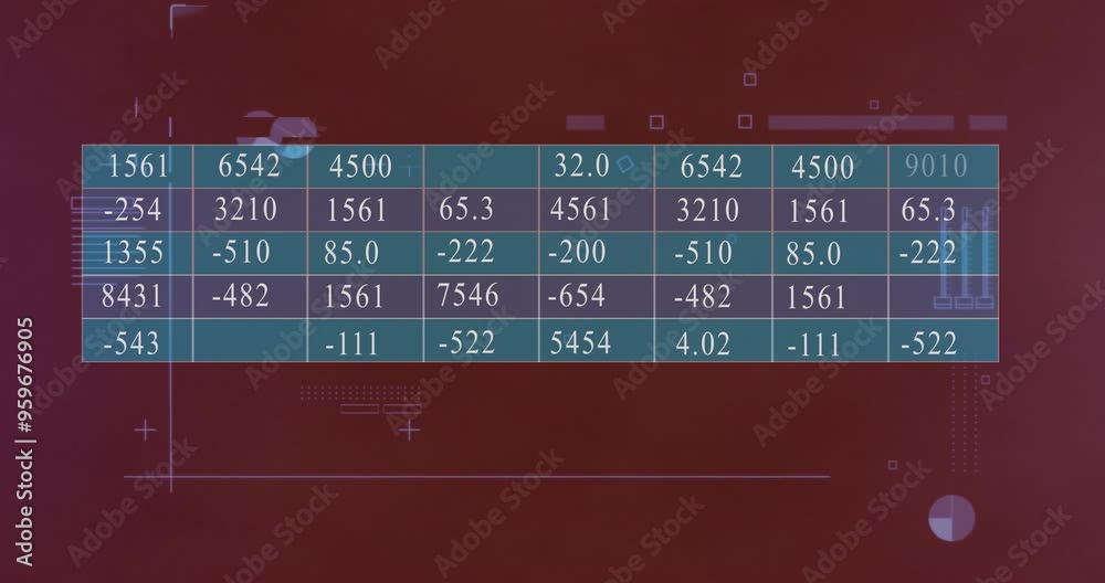 Poster data table with numerical values over red background with geometric shapes animation