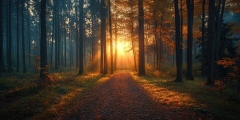 Naklejka premium Sun shining through foggy autumn forest with colorful trees
