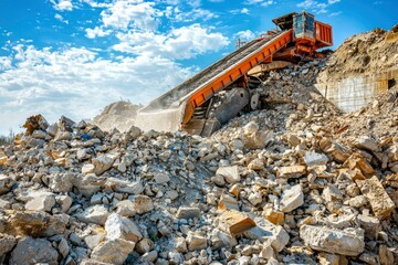 Excavator Moving Rubble on a Construction Site