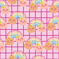 Seamless pattern with cute cartoon pigs and rainbows for fabric prints, textiles, gift wrapping paper. children's flat and colorful style