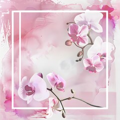 Delicate pink orchid flowers with a white outline in a pink watercolor background. Template for quotes, and greetings cards