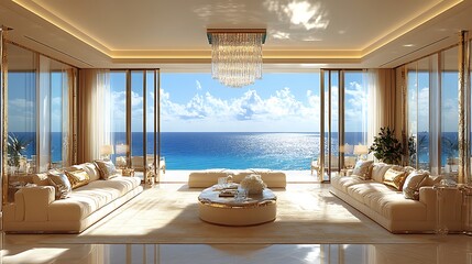 Coastal-themed living room with plush beige furniture, shiny metallic accents, and an opulent crystal chandelier, large windows providing ample natural light,