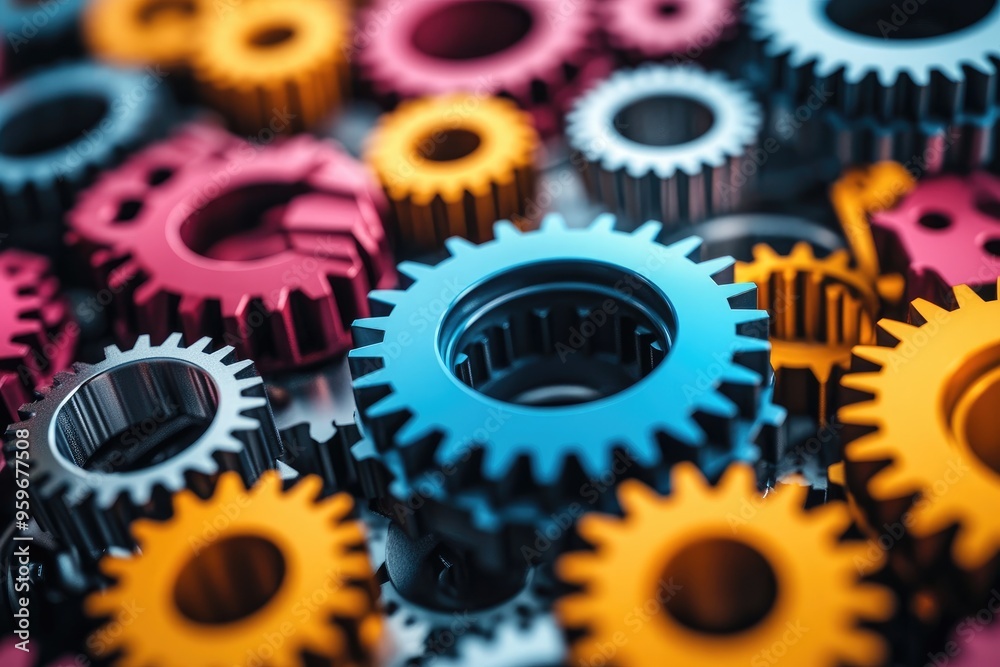 Aufkleber colorful metallic gears interlocking representing teamwork and collaboration