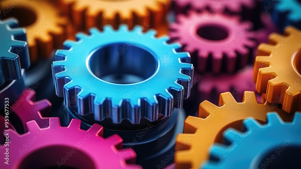 Aufkleber colorful metallic gears interlocking representing teamwork and collaboration