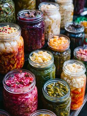 A vibrant array of textured, jarred foods fermented without oxygen highlights their diverse ingredients.
