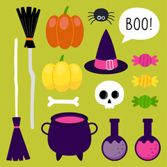 Collection of magical Halloween illustrations. Cute cartoon elements for Halloween design. Witch hat, broom, pumpkins, cauldron, potion, skull, candy.