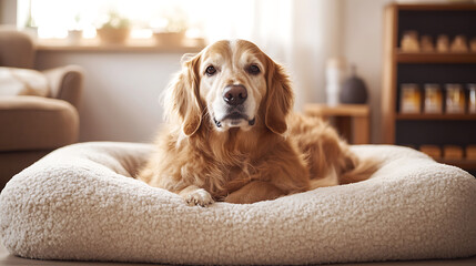 A Cozy RetreatA Contented Dog Relaxing on a Plush Pet Bed Surrounded by Gourmet Treats in a WarmInviting Room