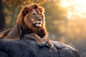 Obraz premium A regal feline reclines upon a sun-drenched stone, exuding both elegance and power in its wild surroundings.