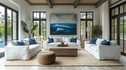 Marine modern living room featuring sleek white sofas, coastal blue accents, abstract ocean art, and minimal decor, large windows bringing in soft sunlight,