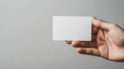 detailed closeup of a hand presenting a white, blank business card on a transparent background. Perfect for showcasing corporate business advertising, branding, and print layout wi