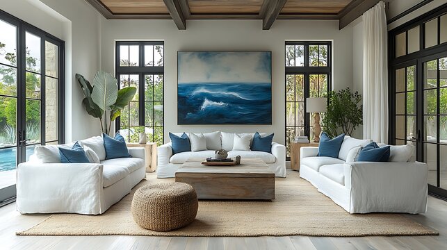 Marine modern living room featuring sleek white sofas, coastal blue accents, abstract ocean art, and minimal decor, large windows bringing in soft sunlight,