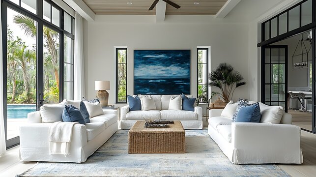 Marine modern living room featuring sleek white sofas, coastal blue accents, abstract ocean art, and minimal decor, large windows bringing in soft sunlight,