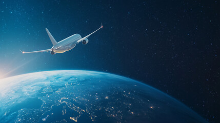 Fototapeta premium airplane in motion around a blue planet Earth, representing the journey of international travel, global airline routes, and exploring the world. Suitable for promoting global touri