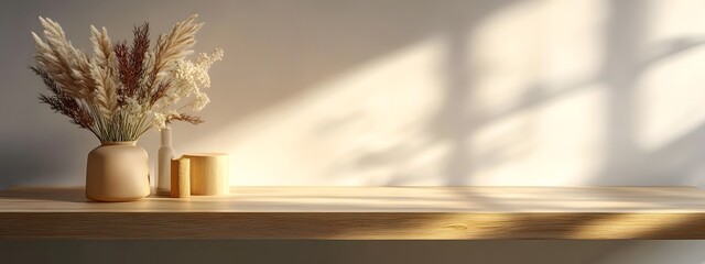 Fototapeta premium A beautiful, empty wooden tabletop counter in a clean, bright interior, ready for display or product montage.
