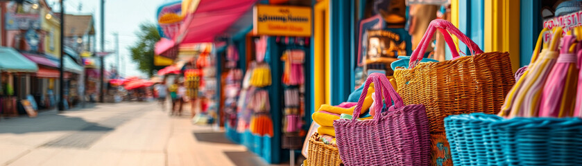 Colorful summer sales display with vibrant baskets and shops market