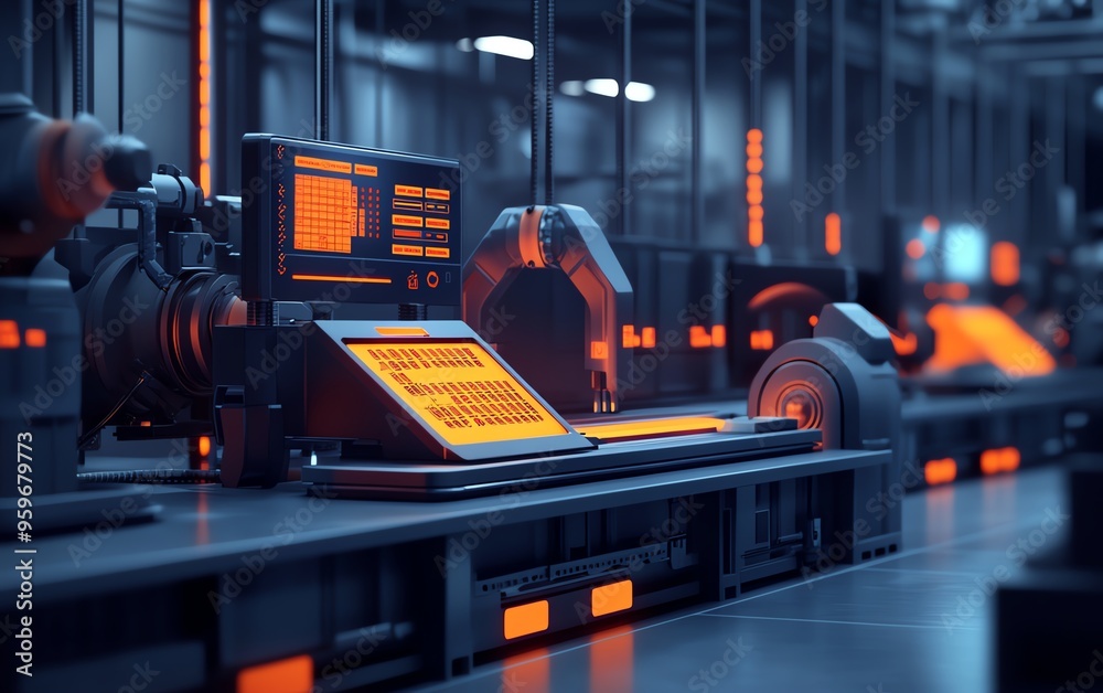 Poster illustration of industrial automation concept, featuring workflow optimization and checkboxes, empha
