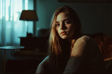 A solitary young woman gazes into the shadows, her face a canvas of inner turmoil.