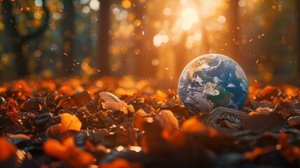 A vibrant globe resting on fallen leaves in a sunlit forest. Nature and earth unite in a serene autumn scene.