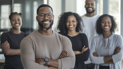 Happy African American teacher posing with a group of adult students in a modern classroom, reflecting a successful and supportive learning journey. photo