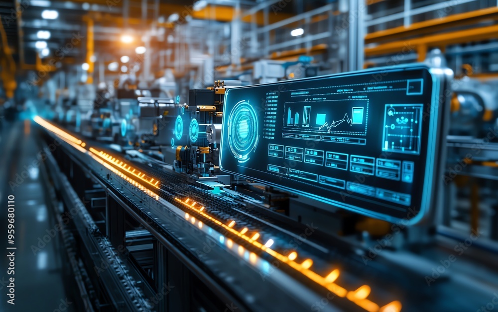 Poster illustration of industrial automation, focusing on business process workflow optimization, with chec