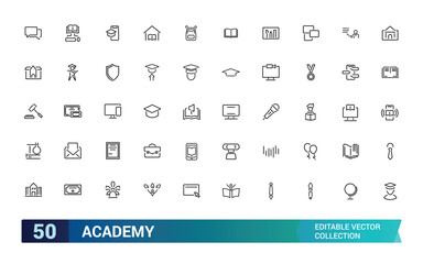 Academic line icon set, pixel perfect icons. Modern style of school icons. Education, science, and online learning. Editable stroke icons.