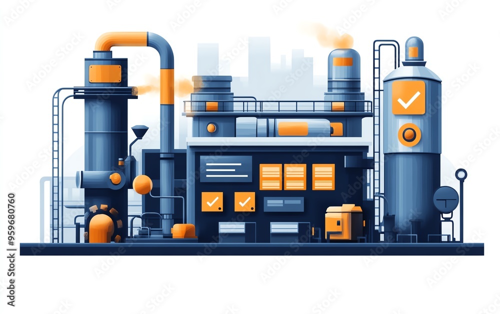 Poster illustration of industrial automation concept, featuring workflow optimization and checkboxes, empha