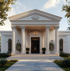 Fototapeta premium a high single-story house facade with classical Greek architecture. The design Greek moldings and Greek-style windows