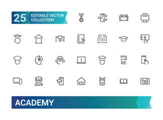 Academic line icon set, pixel perfect icons. Modern style of school icons. Education, science, and online learning. Editable stroke icons.
