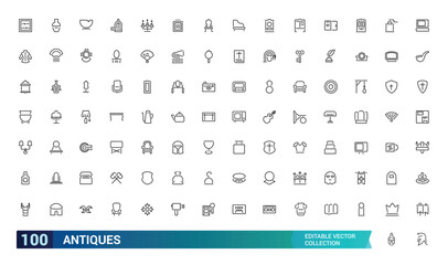 Set of thin line antiques icons. Pixel perfect, editable stroke, up scalable square line vector icon set. Editable stroke icons.