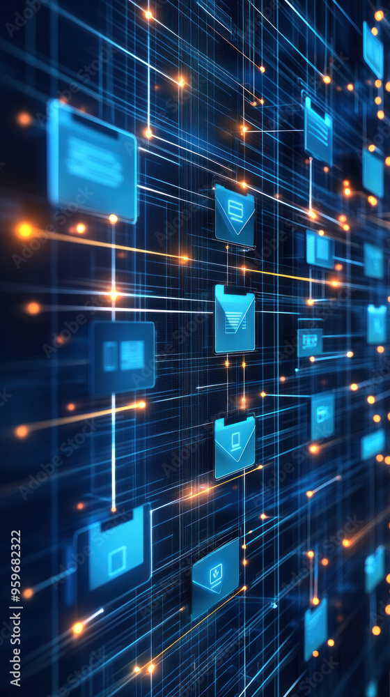 Poster a computer network with many blue and orange lines and shapes. the shapes are all different sizes an