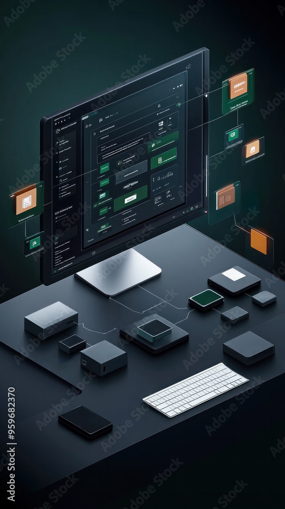 Poster a computer monitor displays a complex network of icons and buttons. concept of technology and organi