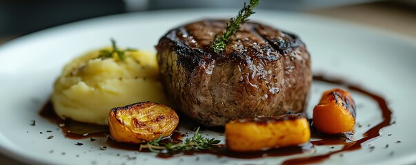 Perfectly cooked meat with rich mashed potatoes and caramelized roasted vegetables, presented with culinary finesse