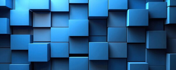 Modern 3D blue squares pattern, multi-layered with depth, sleek surfaces, cool-toned lighting. Abstract and Minimalistic Design Backgrounds