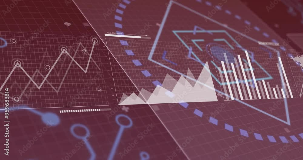 Poster graphs and charts data analysis animation over digital interface background