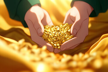 Obraz premium A person is holding a bunch of gold. The gold is shiny and heavy. The discovery and increasing demand for gold.