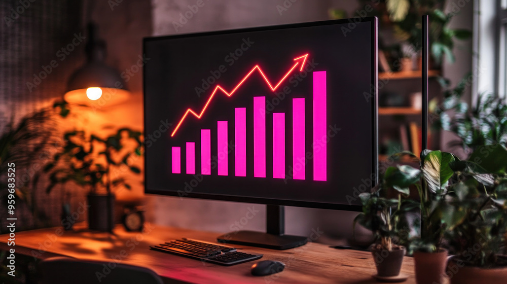 Poster a computer monitor displays a graph with a red arrow pointing upwards. the graph is a representation
