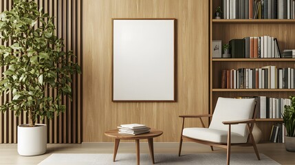 A mockup of an empty, blank poster frame in a modern interior with bookshelves and a white armchair, featuring light wood tones and a minimalistic style