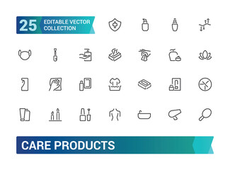 Care products icons collections. set off Thin line pictogram of lotion, powder, lipstick, mascara Outline icon collection. Editable stroke icons.