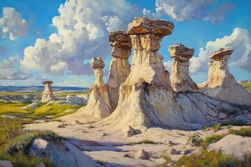 Oil painting of Hoodoo formations unique geological landmarks showcasing natural beauty and interesting shapes