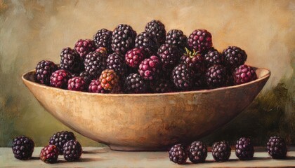 Still life oil painting featuring a full bowl of ripe fresh blackberries placed on a table