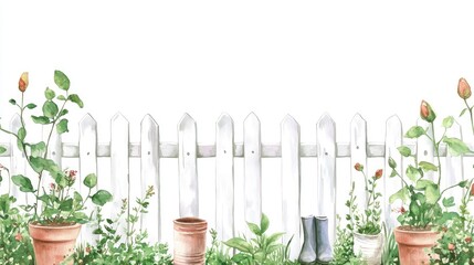 Fototapeta premium Charming Garden Scene with Potted Plants and White Fence for Serene Outdoor Aesthetics